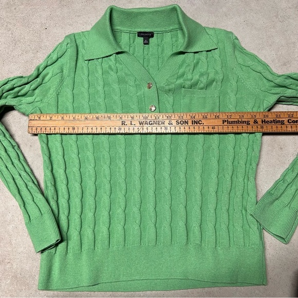 TALBOTS Johnny Collar Cable Knit Sweater Women’s Green Classic Polo Pullover M - Picture 8 of 8